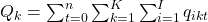 Q_k=\sum_{t=0}^{n}\sum_{k=1}^{K}\sum_{i=1}^{I}q_{ikt}