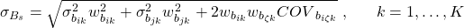 \sigma_{B_s}=\sqrt{\sigma_{b_{ik}}^2w_{b_{ik}}^2+\sigma_{b_{jk}}^2w_{b_{jk}}^2+2w_{b_{ik}}w_{b_{\zeta k}}{COV}_{b_{i\zeta k}}}\ ,\ \ \ \ \ k=1,\ldots,K